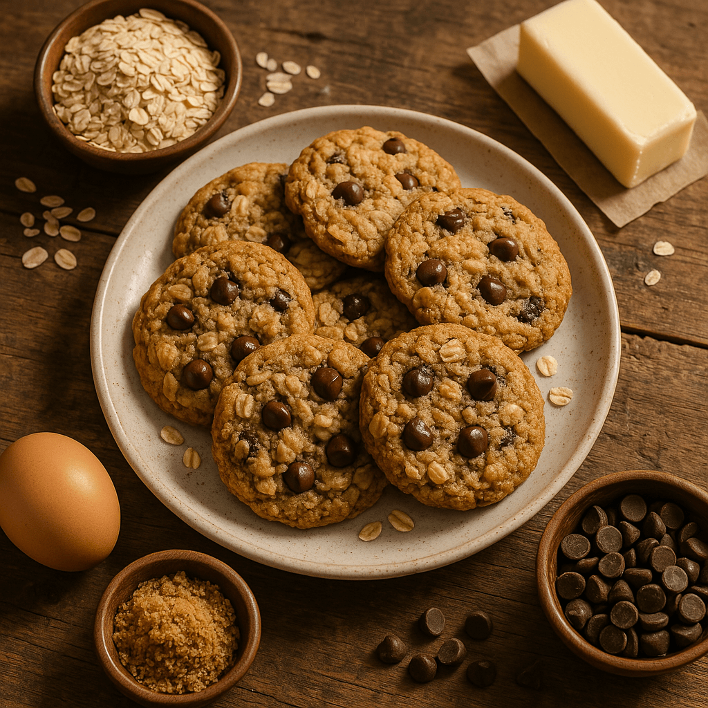 A plate of chocolate chip oatmeal cookies with ingredients around it